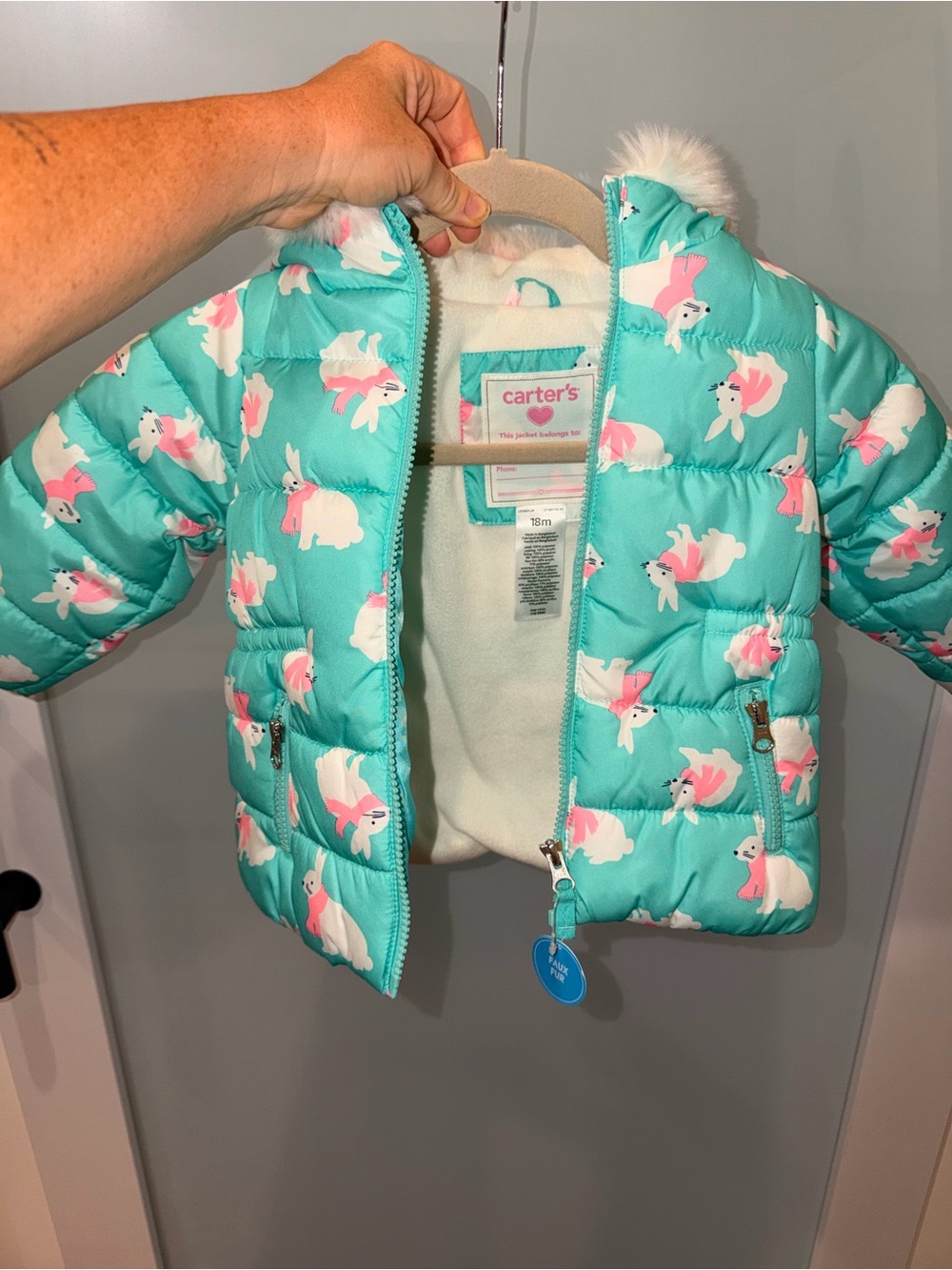 Adorable, ski bunny, puffer jacket by Carter’s
